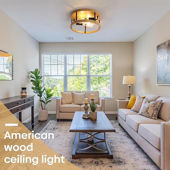 2-Pack Wood Finish Ceiling Light, Round Drum Close to Ceiling Light with Black Metal, Easy Assembled,11Inch Industrial Farmhouse Ceiling Lamp for Hallway Laundry Bedroom Balcony