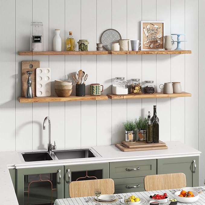 Venusmiles Reclaimed Elm Wood Floating Shelves for Wall, Live Edge 36" W x 9.2" D x 1.4" H, Set of 2 Invisible Wall Mounted Shelves for Living Room Bedroom Kitchen Bathroom Decor, Natural Finish