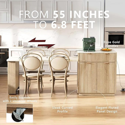Polibi 82.6" Fluted Kitchen Island with Extendable Dining Table, for 4-6 Seating, Power Outlet (AC/USB/C), Double-Side Storage, 2 Drawers & Side Open Shelves, Natural