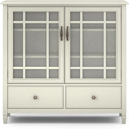 SIMPLIHOME Connaught Storage Cabinet - 46 inch Wide Solid Wood Tall Cabinet in Antique White, Traditional Console for Living Room or Dining Room with Glass Doors, Adjustable Shelves, and Drawers