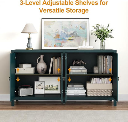 RoyalCraft Modern Sideboard Buffet Cabinet, 60'' Green Credenza with 4 Doors and Adjustable Shelves, Kitchen Buffet Table Coffee Bar Wine Bar Cabinet for Dining Room, Living Room, Forest Green