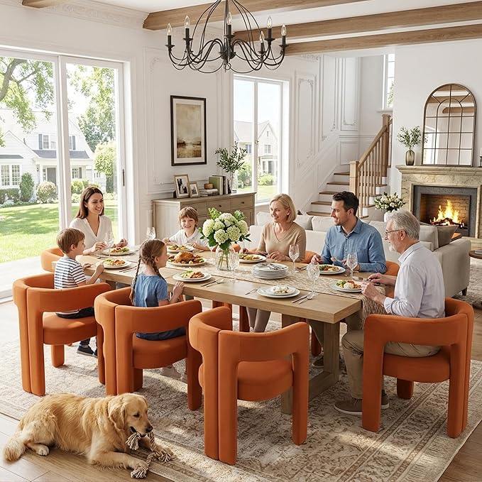 VESCASA Modern Barrel Dining Chairs Set of 6 with Open Back, Upholstered Velvet Accent Kitchen Armchairs with Wood Legs for Dining Room Reception Small Space, Orange