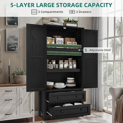 YITAHOME Farmhouse Kitchen Pantry Cabinet, 64.5" Tall Storage Cabinet with 2 Drawers & Adjustable Shelves, Ideal for Kitchen, Living Room, or Entryway, Oak Black
