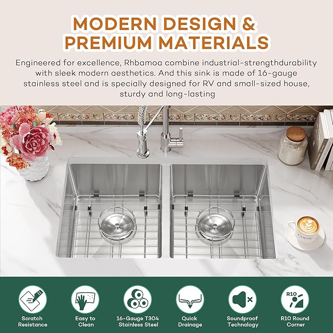 Rhbamoa 27 Inch RV Kitchen Sink,T304 Stainless Steel Kitchen Sinks for RV,50/50 Undermount Double Sink,Outdoor Sinks with Brushed Finish (27'' X 16'' X 7'')