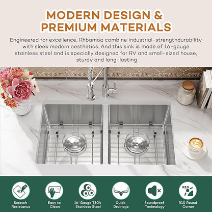 Rhbamoa 27 Inch RV Kitchen Sink,T304 Stainless Steel Kitchen Sinks for RV,50/50 Undermount Double Sink,Outdoor Sinks with Brushed Finish (27'' X 16'' X 7'')