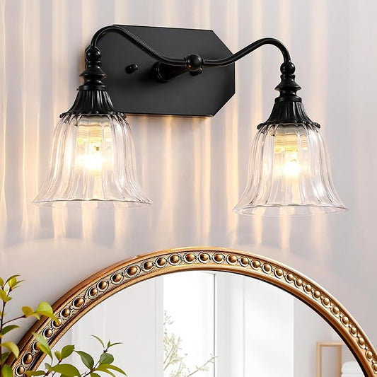LmnLvn Bathroom Vanity Light Fixture, 2 Lights Bathroom Lighting Matte Antique Brass Finish with Crystal Glass Shade, Vintage Vanity Light for Bathrooms