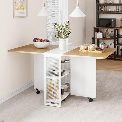 IDEALHOUSE FoldingTable, Drop Leaf Dining Table with 6 Wheels and 2-Layer Storage Shelf, Space Saving Table for Small Spaces (Pear Wood Color and White, 50.1" D x 31.4" W x 29.5" H)