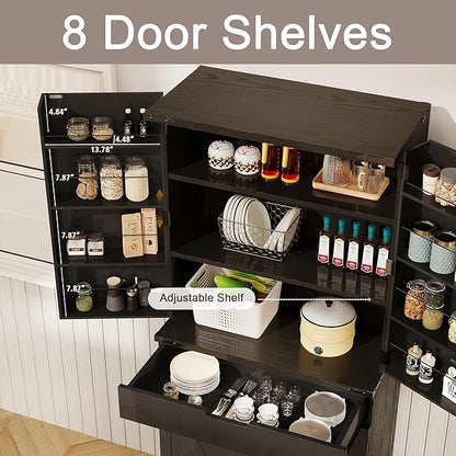 GRUSIGN 72" Tall Storage Cabinet, Kitchen Pantry Cabinet with Adjustable Shelves & Sturdy Steel Frame, Farmhouse Pantry Storage with 4 Barn Doors for Kitchen, Dining Room, and Living Room, Black