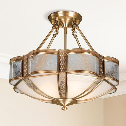 17.7" Vintage Stained Glass Pendant Light Fixture, 4-Light Semi Flush Mount Ceiling Light, Handmade Glass Ceiling Light Fixture for Foyer Entryway Stairway Art Deco