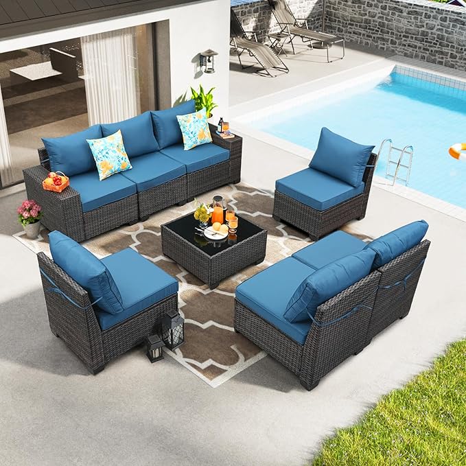 JOYURE 8 Pieces Patio Furniture Set All-Weather Outdoor Wicker Sectional Conversation Sofa Rattan Patio Seating Sofa with Cushion and Glass Table for Porch Poolside,Peacock Blue