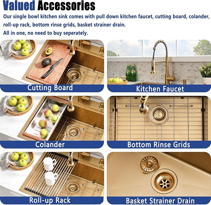 25x22 Gold Drop In Kitchen Sink with Faucet - 25 Inch Stainless Steel Drop In Sink and Faucet Combo, Gold Single Bowl Kitchen Sink Workstation with Accessories