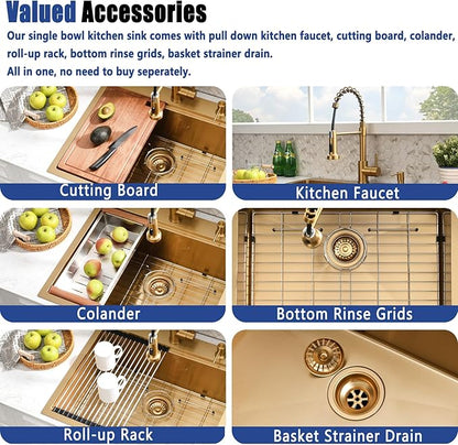 25x22 Gold Drop In Kitchen Sink with Faucet - 25 Inch Stainless Steel Drop In Sink and Faucet Combo, Gold Single Bowl Kitchen Sink Workstation with Accessories