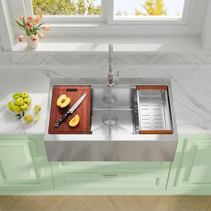 Rhbamoa 33 inch Stainless Steel Farmhouse Sink,16-Gauge T304 Stainless Steel Single Bowl Apron Front Kitchen Farm Sink,10 Inch Depth Topmount Farmhouse Kitchen Sinks with All Accessories
