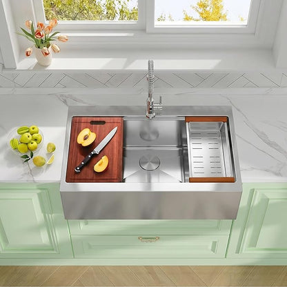 Rhbamoa 33 inch Stainless Steel Farmhouse Sink,16-Gauge T304 Stainless Steel Single Bowl Apron Front Kitchen Farm Sink,10 Inch Depth Topmount Farmhouse Kitchen Sinks with All Accessories