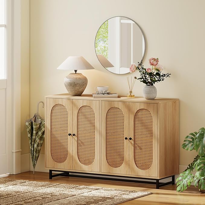 Giantex Rattan Sideboard Buffet Cabinet, 50" Large Boho Buffet Table with 4 Doors, Adjustable Shelves & Metal Legs, Farmhouse Accent Storage Cabinet for Kitchen, Living Room, Entryway, Coffee Bar