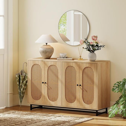 Giantex Rattan Sideboard Buffet Cabinet, 50" Large Boho Buffet Table with 4 Doors, Adjustable Shelves & Metal Legs, Farmhouse Accent Storage Cabinet for Kitchen, Living Room, Entryway, Coffee Bar