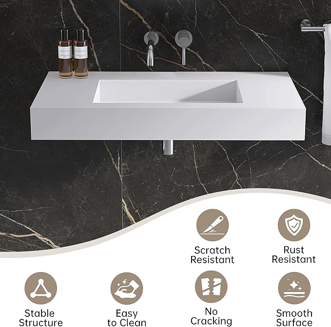 35"X19" Wall Mount Sink Matte Bathroom Vanity Vessel Sinks Artificial Stone Rectanglee Indoor Outdoors Modern Floating or Countertop Freestanding Wall Hang Sink Bowl (without Holes 35'')