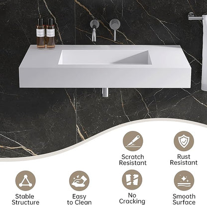 47"X19" Wall Mount Sink Matte Bathroom Vanity Vessel Sinks Artificial Stone Rectanglee Indoor Outdoors Modern Floating or Countertop Freestanding Wall Hang Sink Bowl… (without Holes 47'')
