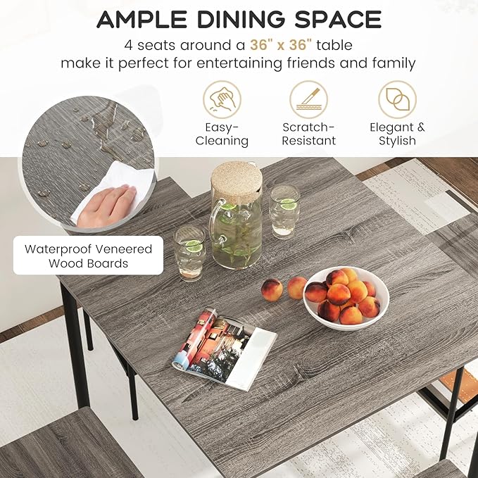 KOTEK 5-Piece Counter Height Dining Table Set, Industrial Kitchen Table and Chairs for 4, Space-Saving Dinette Set with Bar Stools for Dining Room, Pub, Restaurant (Grey Oak)