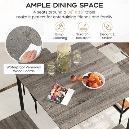 KOTEK 5-Piece Counter Height Dining Table Set, Industrial Kitchen Table and Chairs for 4, Space-Saving Dinette Set with Bar Stools for Dining Room, Pub, Restaurant (Grey Oak)