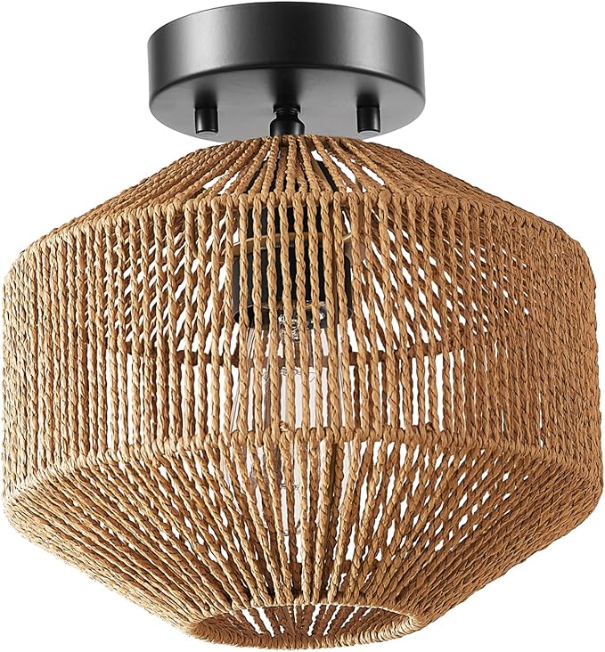 GLOBE Electric 65902 1-Light Flush Mount Ceiling Light, Matte Black, Paper Twine Shade
