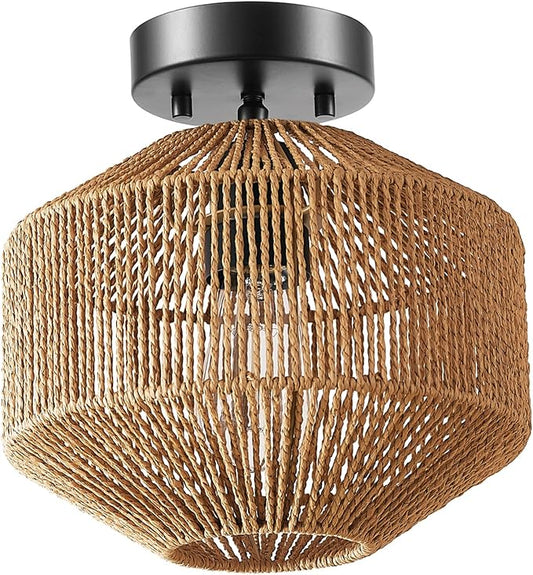 GLOBE Electric 65902 1-Light Flush Mount Ceiling Light, Matte Black, Paper Twine Shade