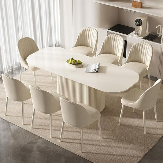 86.61" Oval Dining Table Set for 8, Modern Dining Room Table Set with 8 Dining Chairs, 9 Pieces Kitchen Tables with Oval Pedestal for Kitchen, Living Room, Cream White Dinner Tables