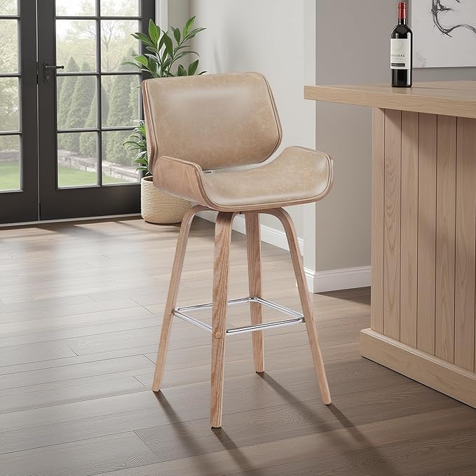 Armen Living Tyler Modern Swivel Bar Stool with White Wash Finished Wood and Vintage Brown Upholstery