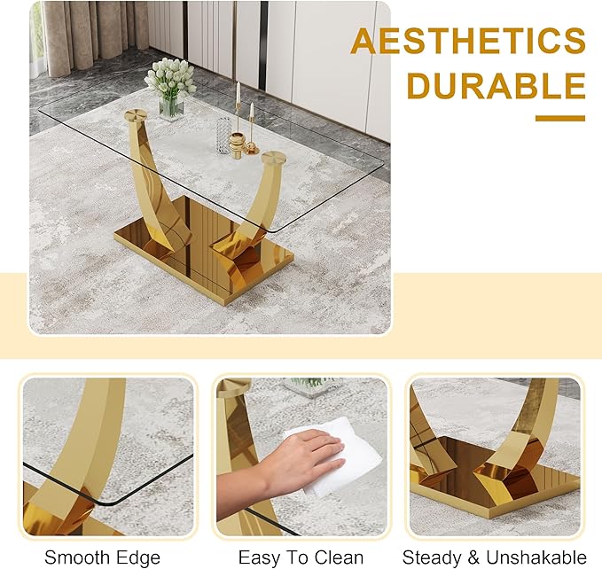 71” Glass Dining Table, Modern Dining Room Table for 6-8, Luxury Gold Kitchen Table with U-Shaped Metal Legs, 0.4” Tempered Glass Top for Elegant Dining Room Spaces