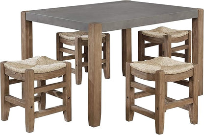 Alaterre Furniture Newport Dining Table for 4 – Rustic Industrial 6-Piece Dining Set Includes 48” x 30” Faux Concrete Kitchen Table, 4 Rush-Seat Stools & Side Buffet Console for Small Spaces