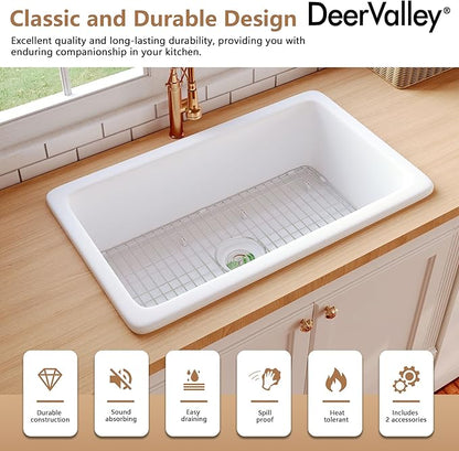 DeerValley Undermount Kitchen Sink 32 inch, White Fireclay Farmhouse Sinks, Single Bowl Deep Drop-in Kitchen Sink with Bottom Grid & Strainer, Heavy Duty Solid Fireclay