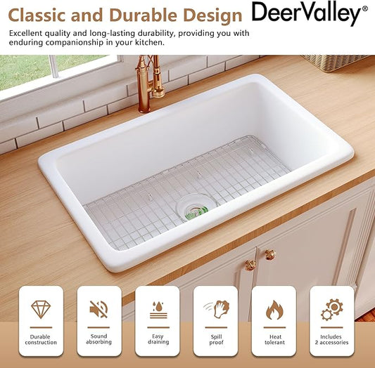 DeerValley Undermount Kitchen Sink 32 inch, White Fireclay Farmhouse Sinks, Single Bowl Deep Drop-in Kitchen Sink with Bottom Grid & Strainer, Heavy Duty Solid Fireclay