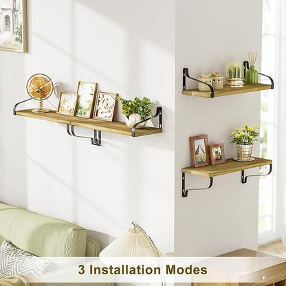 Love-KANKEI Floating Shelves for Wall Set of 4, 15.7 Inch Wood Wall Shelves with Bracket, Rustic Hanging Shelves for Bathroom, Bedroom, Kitchen, Living Room,Office Display Carbonized Black