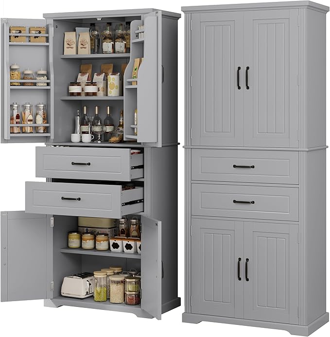 Storage Cabinet with 4 Doors and 2 Drawers, 72.5" H Kitchen Cabinet with 6 Door Shelves, Kitchen Storage Cabinets with Adjustable Shelves for Living Room, Gray