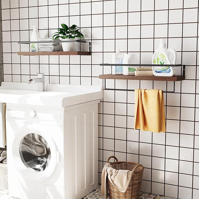 Wood Floating Shelves Wall Mounted - 2+1 Tier Rustic Bathroom Wall Shelves Over Toilet with Towel Bar, Natural Wood Set of 2 Farmhouse Floating Shelf for Bathroom, Kitchen, Bedroom, Dark Brown