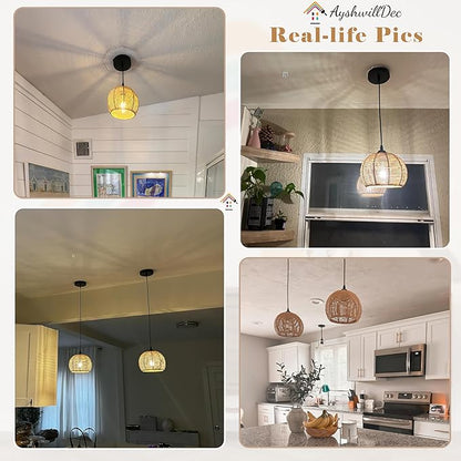 Mini Hemp Rope Woven Pendant Light Woven Light Fixture Boho Chandelier Light Fixture Wicker Pendant Light Rattan Light Pendant Dome Wicker Chandelier for Bedroom Kitchen Island(Bulb Incl.)
