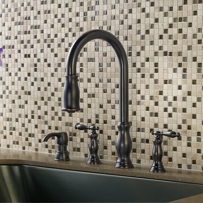 Pfister Hanover Kitchen Sink Faucet with Pull Down Sprayer and Soap Dispenser, 2-Handle High Arc Design, 4-Hole Installation, Tuscan Bronze Finish for Kitchen Sink F5314HNY