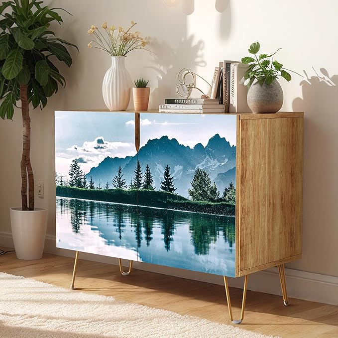 SIGNWIN Sideboard Buffet Cabinet, Kitchen Storage Cabinet with 2 Doors, Mountain Pine Tree Blue Sky Forestism, Cupboard Console Table for Dining Room - 35" L x 18" W x 29" H