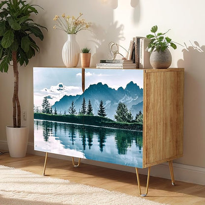 SIGNWIN Sideboard Buffet Cabinet, Kitchen Storage Cabinet with 2 Doors, Mountain Pine Tree Blue Sky Forestism, Cupboard Console Table for Dining Room - 35" L x 18" W x 29" H