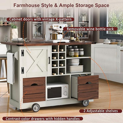 54" Farmhouse Kitchen Island Table with Drop Leaf, Power Outlet, Kitchen Storage Cart with 2 Doors, 2 Drawers, Rolling Kitchen Island on 4 Large Wheels with Spice Rack for Kitchen, Dining Room, White