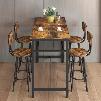 RuiSiSi Counter Height Dining Table Set for 4, Heavy Duty Metal Kitchen Table Set with Storage Shelf and 4 Height Chairs, Modern Bar Table and Chairs Set for Kitchen, Dining Room, Bar, Brown