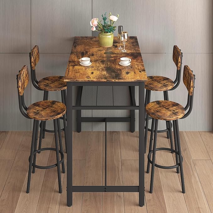 5-Piece Bar Height Table and Chairs Set – Modern Kitchen Table with 4 Bar Stools,Compact Dining Table Chairs Set,Bar Table and Chairs Set for Kitchen Island Seating & Dining Room (Brown)
