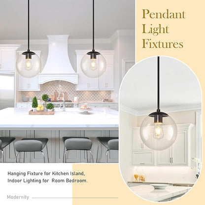 Bagood 10" Globe Pendant Light Black 2 Pack Mid Century Pendant Light Globe Pendant Lights Kitchen Island Matte Black Finished with Clear Glass Adjustable Ceiling Light Fixtures for Dining Room Bar