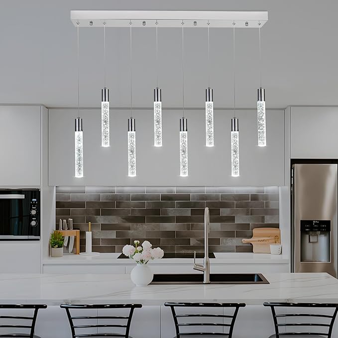 8 Light Pendant Lights Kitchen Island, Modern Chrome Crystal Pendants with Dimmable 3000K-6000K LED Ceiling Hanging Light Fixture for Dining Room Bedroom, Adjustable Height 78"