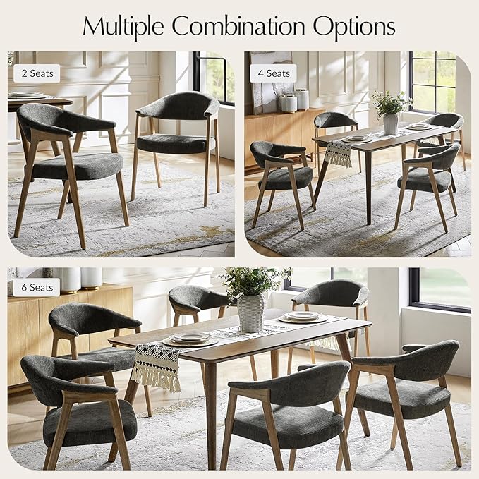 HULALA HOME Dining Chairs Set of 6, Mid-Century Modern Upholstered Dining Room Chair with Armrest, Curved Backtrst & Solid Wood Legs, Kitchen Side Chairs for Resurant, Living Room - Dark Gray