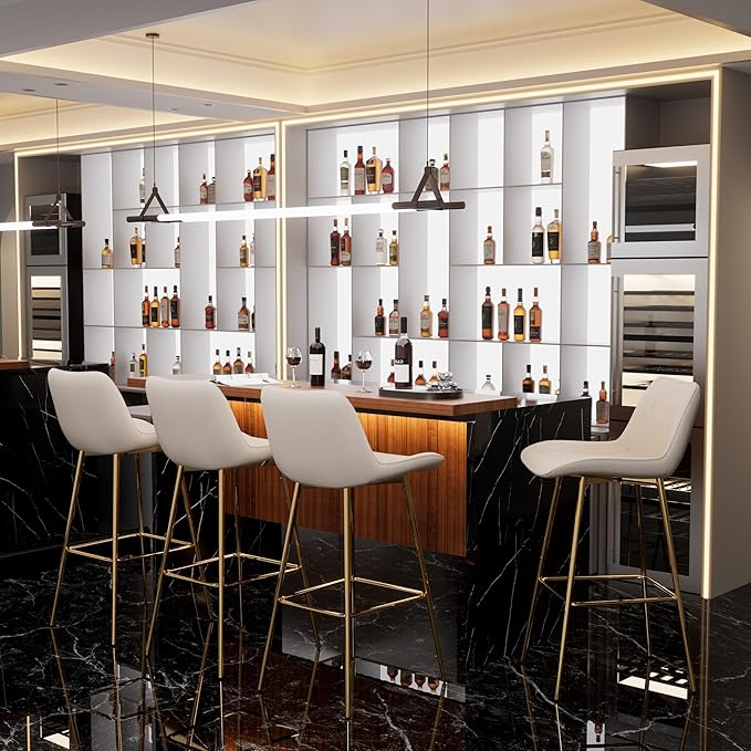Modern Bar Table and Bar Stools Set, Marble-Look Counter Table with Wood Accent Top & Beige Velvet Bar Chairs Set of 4 with Gold Legs, Kitchen Island Pub Table Set for Home Bar, Dining Room