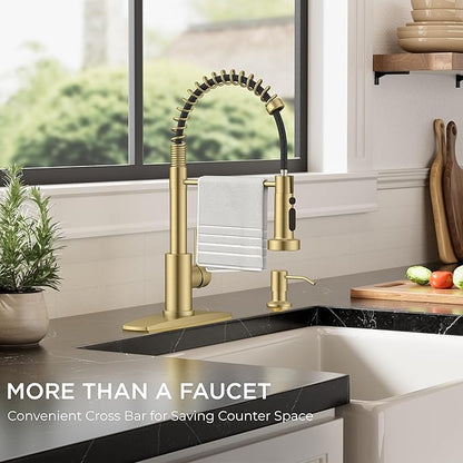 FORIOUS Kitchen Faucets with Sprayer, Gold Stainless Steel Sink Faucet Single Handle with Deck Plate, Commercial Classic Spring Faucet for Kitchen Sink, Bar & Prep Sinks, Laundry RV Camper
