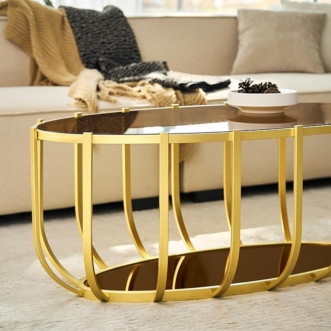Saint Mossi Glass Oavl Coffee Table for Living Room, Mid Century Modern 2-Tier Gold Center Table, Brown Glass Top and Brown Mirror Shelf with Gold Finish Legs & Frame, D42xW23xH16