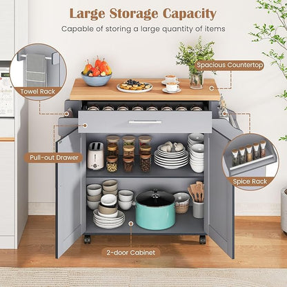 Giantex Kitchen Island, Rolling Kitchen Cart with Spice and Towel Rack, Large Drawer & 2-Door Storage Cabinet, Home Service Cart on Lockable Wheels, Wood Kitchen Trolley, Spacious Tabletop (Gray)