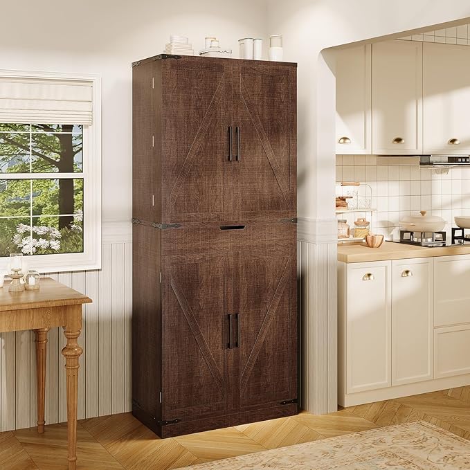 GRUSIGN 72" Kitchen Pantry Storage Cabinet with Doors and Shelves, Wood Farmhouse Pantry Storage with Barn Doors for Kitchen, Dining Room, Living Room, Dark Brown